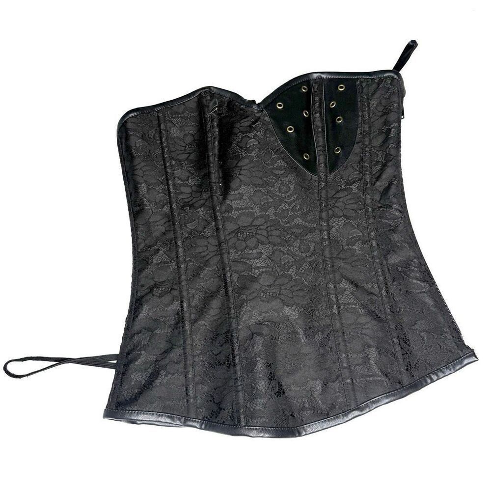 Black Lace Corset Bustier Faux Leather Trim Zip Front Size M
